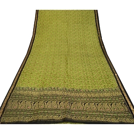 Sanskriti Vintage Sarees Green/Black 100% Pure Silk Painted Sari Craft Fabric, PR-64733