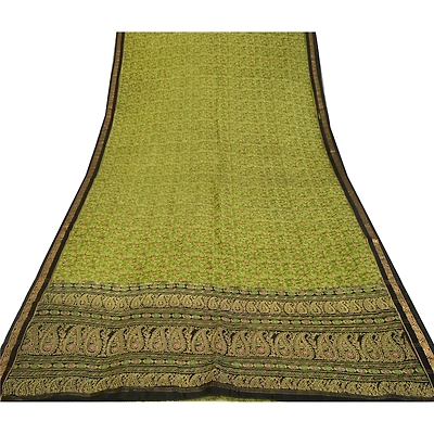 Sanskriti Vintage Sarees Green/Black 100% Pure Silk Painted Sari Craft Fabric, PR-64733