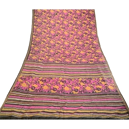 Sanskriti Vintage Sarees Black Pure Silk Printed Zari Border Sari Craft Fabric, PR-63364