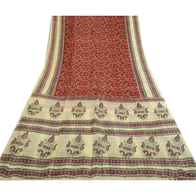 Sanskriti Vintage Sarees Dark Red & Cream Pure Silk Printed Sari Craft Fabric, PR-64730
