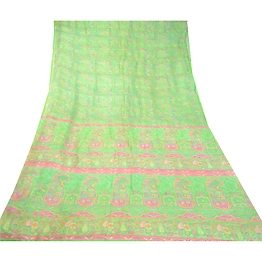 Sanskriti Vintage Green & Pink Sarees Pure Silk Printed Sari Floral Craft Fabric, PR-58298