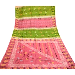 Sanskriti Vintage Sarees Pink & Green Indian Printed Pure Silk Sari Craft Fabric, PR-60240