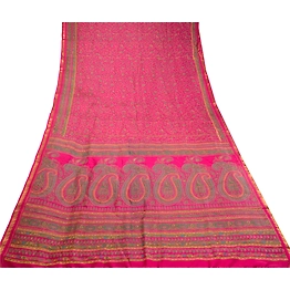 Sanskriti Vintage Pink Sarees Pure Silk Printed Zari Border Sari Craft Fabric, PR-58391