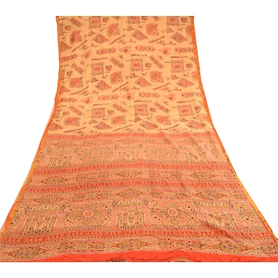 Sanskriti Vintage Beige & Orange Sarees Pure Silk Printed Sari Soft Craft Fabric, PR-60276
