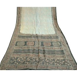 Sanskriti Vintage Blue & Green Sarees Printed Pure Silk Sari Decor Craft Fabric, PR-60245