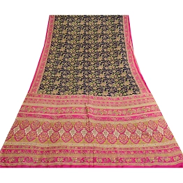 Sanskriti Vintage Blue/Pink Sarees 100% Pure Silk Printed Sari Craft Fabric, PR-64745