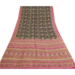Sanskriti Vintage Blue/Pink Sarees 100% Pure Silk Printed Sari Craft Fabric, PR-64745