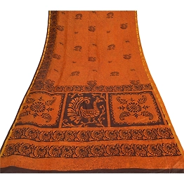 Sanskriti Vintage Saffron Sarees Art Silk Printed Sari Zari Border Craft Fabric, PR-52809