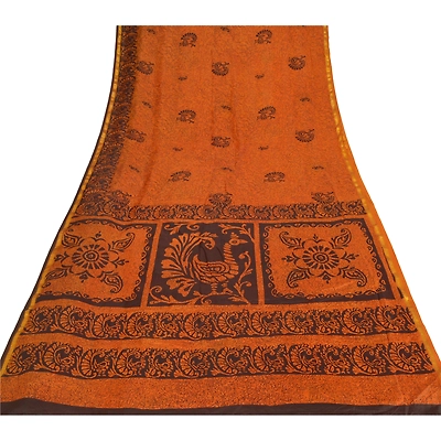 Sanskriti Vintage Saffron Sarees Art Silk Printed Sari Zari Border Craft Fabric, PR-52809