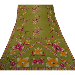 Sanskriti Vintage Green Sarees Art Silk Floral Printed Craft Fabric 5 Yard Sari, PR-44510