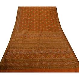 Sanskriti Vintage Orange Sarees Art Silk Printed Craft Sewing Fabric 5 Yard Sari, PR-42979
