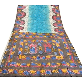 Sanskriti Vintage Blue Batik Sarees Art Silk Printed Indian Sari Craft Fabric, PR-41453