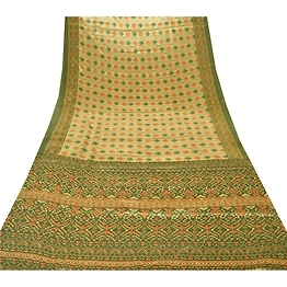 Sanskriti Vintage Green Sarees Art Silk Printed Craft Decor Fabric 5 Yard Sari, PR-41901