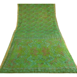 Sanskriti Vintage Sarees Green Pure Silk Printed Zari Border Sari Craft Fabric, PR-62857
