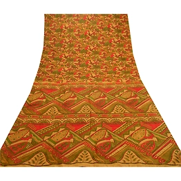 Sanskriti Vintage Sarees Saffron Indian Pure Silk Printed Sari Soft Craft Fabric, PR-61117