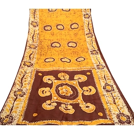 Sanskriti Vintage Sarees Batik Printed Yellow Pure Silk Sari Soft Craft Fabric, PR-61054