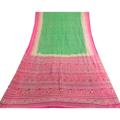 Sanskriti Vintage Sarees Green Indian Pure Silk Printed Sari Soft Craft Fabric, PR-63664