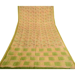 Sanskriti Vintage Sarees Indian 100% Cream Pure Silk Printed Sari Craft Fabric, PR-61038