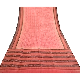 Sanskriti Vintage Sarees Pink Pure Silk Printed Sari Floral Soft Craft Fabric, PR-60948