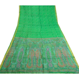 Sanskriti Vintage Sarees Green Pure Silk Printed Zari Border Sari Craft Fabric, PR-60843