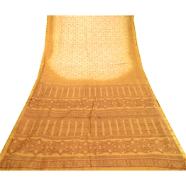 Sanskriti Vintage Sarees Cream Indian Pure Silk Printed Sari 5Yd Craft Fabric, PR-60754