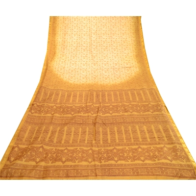 Sanskriti Vintage Sarees Cream Indian Pure Silk Printed Sari 5Yd Craft Fabric, PR-60754