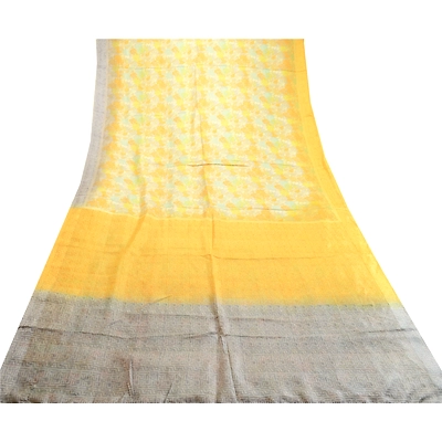 Sanskriti Vintage Sarees Yellow Pure Silk Printed Sari Soft Floral Craft Fabric, PR-60750
