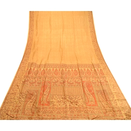 Sanskriti Vintage Sarees Saffron Pure Silk Printed Sari Floral Soft Craft Fabric, PR-60786