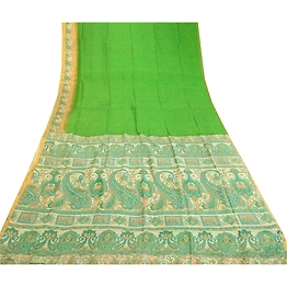 Sanskriti Vintage Sarees Green Pure Silk Printed Zari Border Sari Craft Fabric, PR-60796