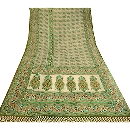Sanskriti Vintage Sarees Green 100% Pure Silk Printed Sari Floral Craft Fabric, PR-60640