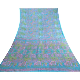 Sanskriti Vintage Sarees Blue Human Animal Pure Silk Printed Sari Craft Fabric, PR-63506
