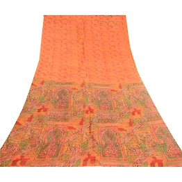 Sanskriti Vintage Sarees Saffron 100% Pure Silk Printed Sari Soft Craft Fabric, PR-60667