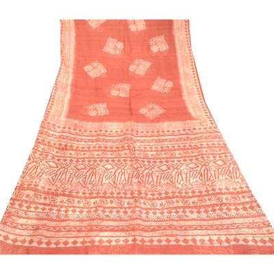 Sanskriti Vintage Sarees Dusty Pink Batik Printed Pure Silk Sari Craft Fabric, PR-60672