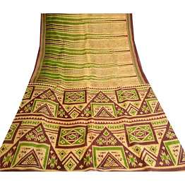 sanskriti vintage beige indian sarees ikat printed pure silk sari sewing fabric, pr-58053