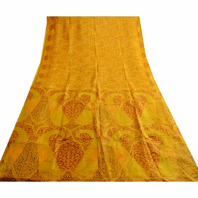 sanskriti vintage mustard yellow sarees printed pure silk sari 5yd sewing fabric, pr-58056
