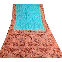 Sanskriti Vintage Blue Indian Pure Silk Sarees Printed Sari Floral Craft Fabric, PR-57458