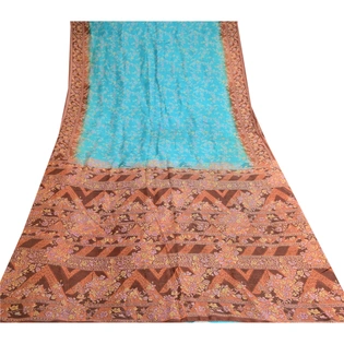 Sanskriti Vintage Blue Indian Pure Silk Sarees Printed Sari Floral Craft Fabric, PR-57458