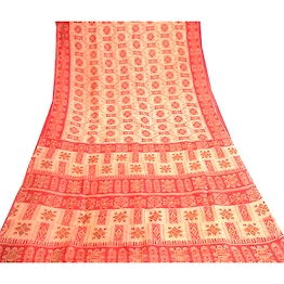 Sanskriti Vintage Red Indian Pure Silk Sarees Printed Sari Floral Craft Fabric, PR-57480