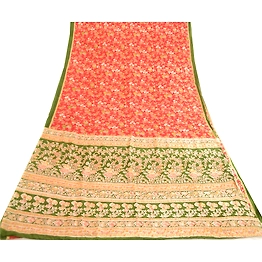 Sanskriti Vintage Sarees From India Red Pure Silk Printed Sari Soft Craft Fabric, PR-63572