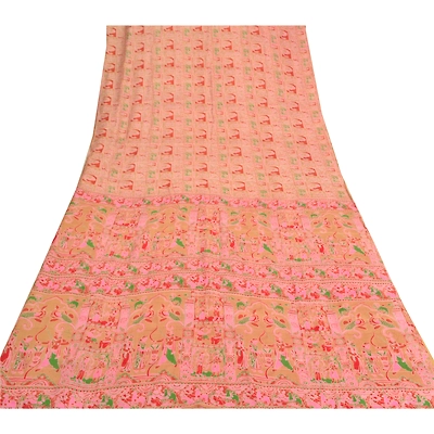Sanskriti Vintage Brown Sarees Pure Silk Human Printed Sari Soft Craft Fabric, PR-54992