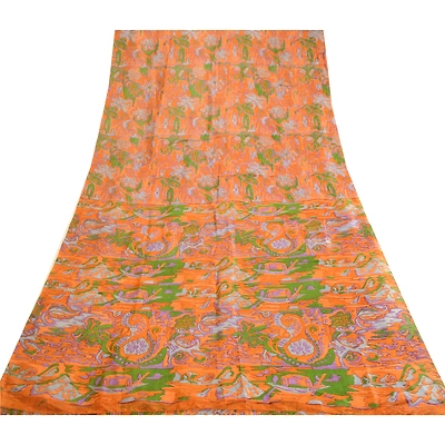 Sanskriti Vintage Sarees Saffron Indian Printed Pure Silk Sari Soft Craft Fabric, PR-63594