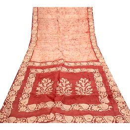 Sanskriti Vintage Sarees From India Batik Printed Cream Pure Silk Sari Fabric, PR-61343