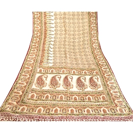 Sanskriti Vintage Sarees Ivory Indian Pure Silk Printed Sari Floral Craft Fabric, PR-63406