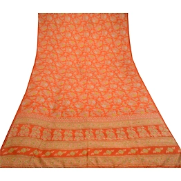 Sanskriti Vintage Orange Sarees 100% Pure Silk Printed Sari Craft 5 Yard Fabric, PR-58588