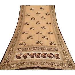 Sanskriti Vintage Sarees Brown From India Printed Pure Silk Sari Craft Fabric, PR-63715