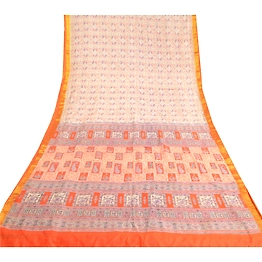 Sanskriti Vintage Sarees Ivory Pure Silk Printed Zari Border Sari Craft Fabric, PR-60975