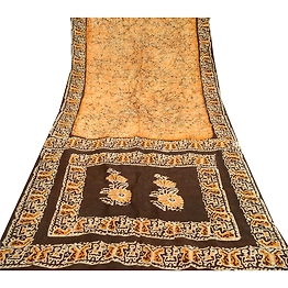 Sanskriti Vintage Sarees Batik Printed Saffron Pure Silk Sari 5Yd Craft Fabric, PR-60659
