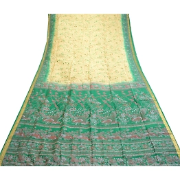 Sanskriti Vintage Sarees Cream Pure Silk Printed Zari Border Sari Craft Fabric, PR-60853