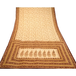 Sanskriti Vintage Ivory Indian Printed Sarees Pure Silk Sari 5Yd Craft Fabric, PR-58186