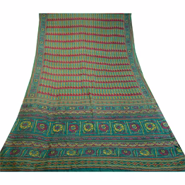 sanskriti vintage green indian printed sarees pure silk sari 5yd craft fabric, pr-58185